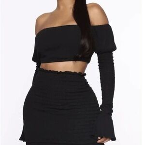 NEW Fashion Nova Black Smocked Off-Shoulder Mini Skirt Set